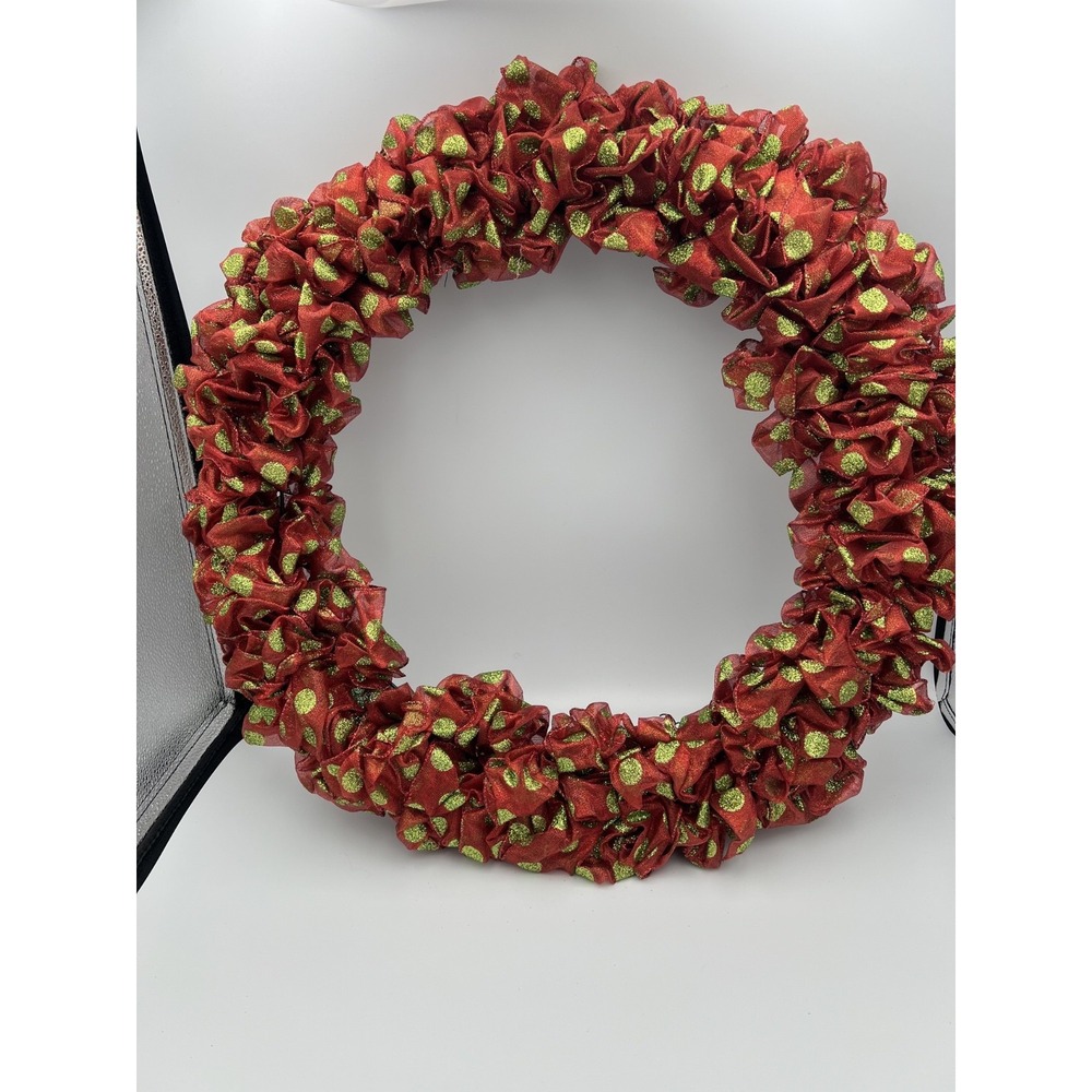 Red Ribbon w/ Gold Dots Traditional Holiday Christmas Wreath 20.5" tall Festive